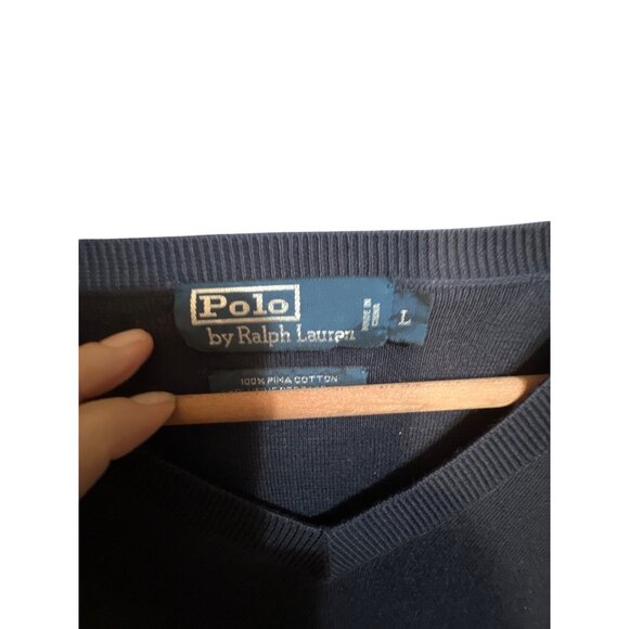 Polo Ralph Lauren Mens V-Neck Sweater Large 100% Pima Cotton Navy Blue - Picture 3 of 4